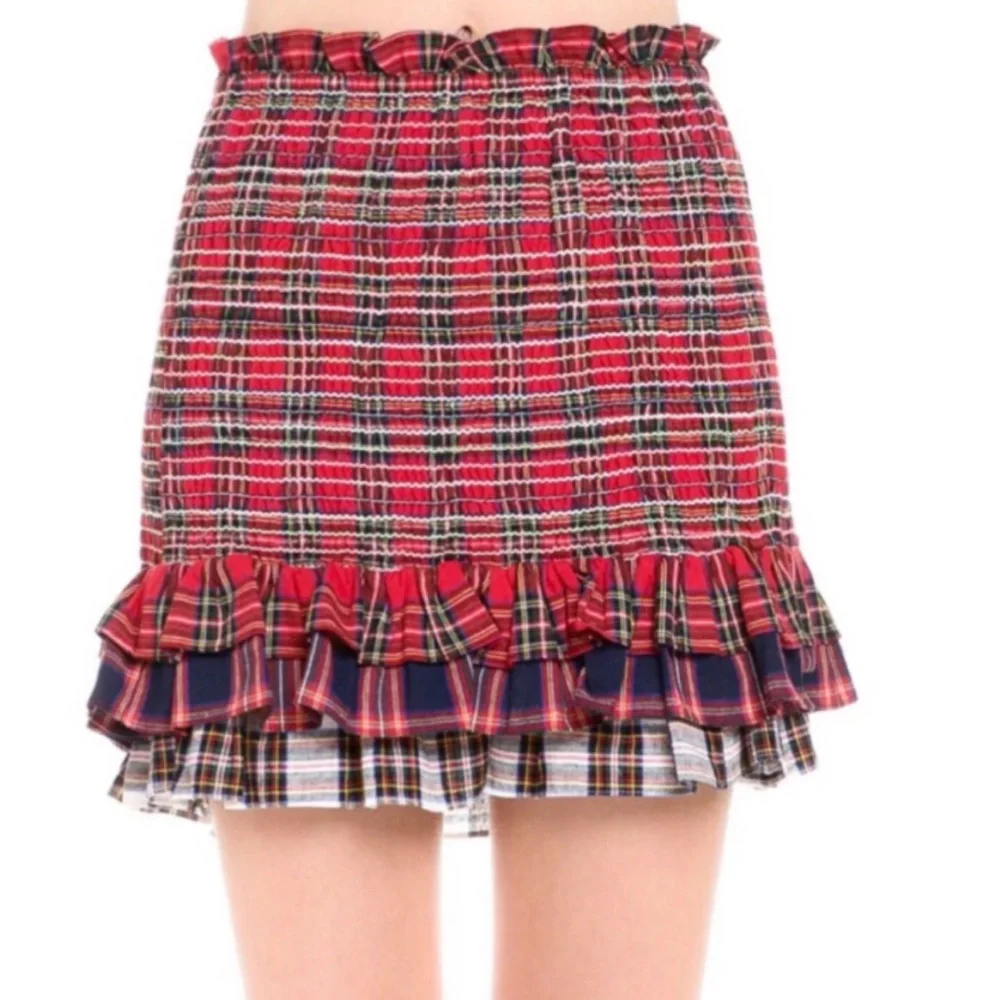 English Factory Red & Navy Smocked Tartan Tiered Ruffle Hem Skirt/top. Sz small - Picture 3 of 14